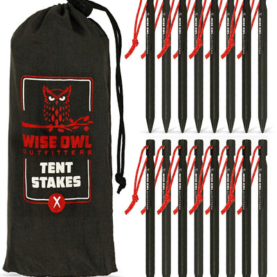 Estacas para Tienda de Campaña Wise Owl Outfitters - Estacas Resistentes para Tiendas de Acampar y Lonas - Accesorios Esenciales para Camping Disponibles en Paquetes de 12 o 16 Unidades, Negras