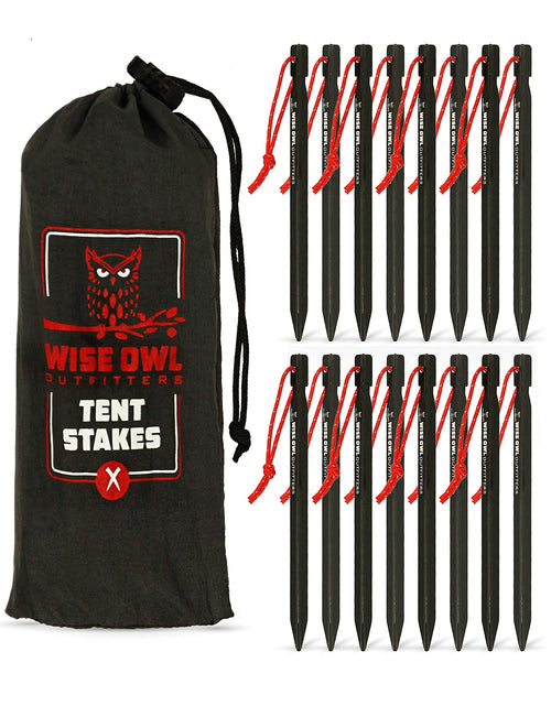 Load image into Gallery viewer, Wise Owl Outfitters Tent Stakes - Heavy Duty Camping Stakes for Outdoor Tent &amp; Tarp - Essential Camping Accessories Available in 12pk or 16pk Black
