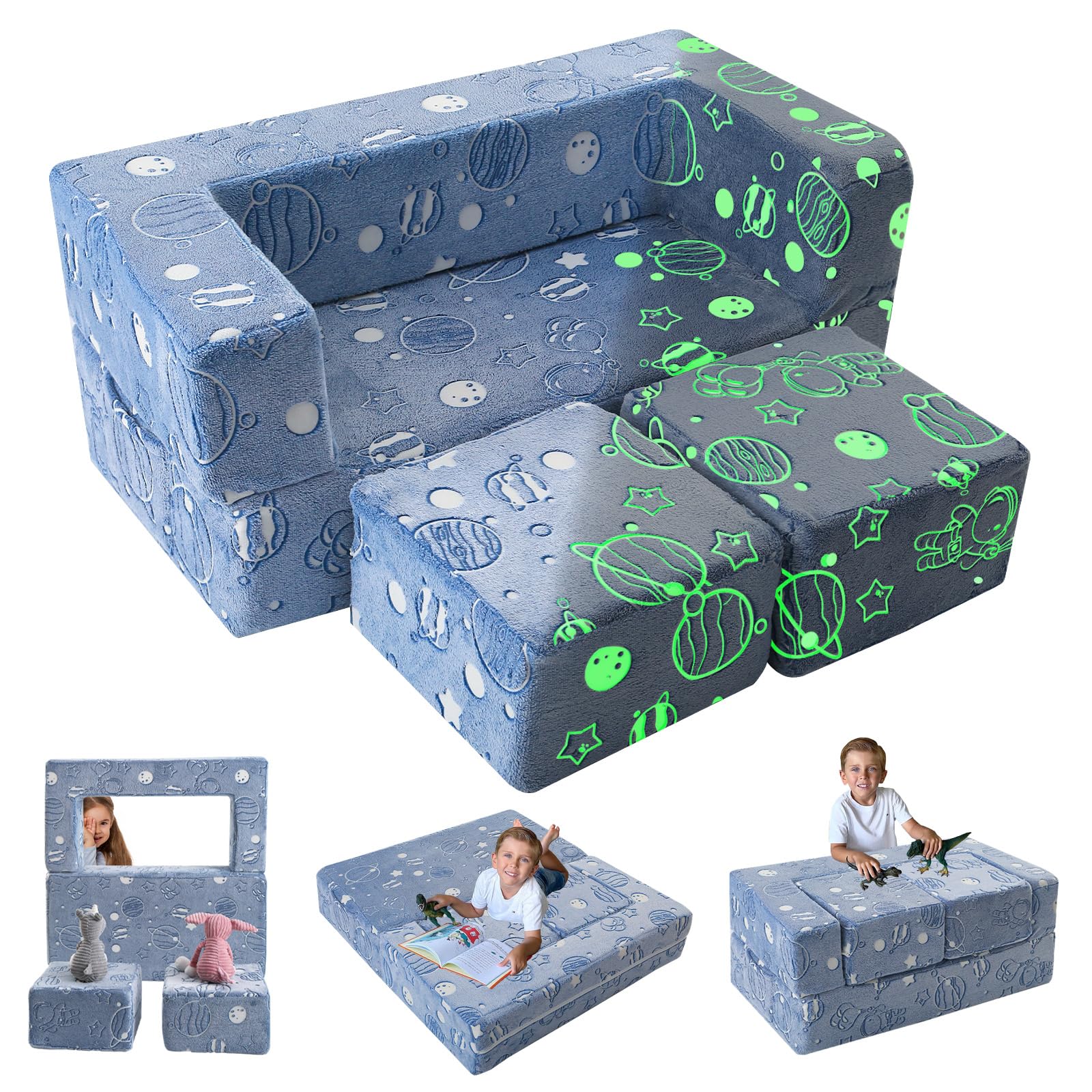 MeMoreCool Glow-in-The-Dark Space Kids Modular Play Couch – Blue Fold-Out Toddler Sofa for Bedroom and Playroom