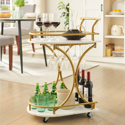 Carrito de Bar de 2 Niveles, Carrito de Vino Dorado con Estante para Vinos y Soporte para Copas, Carrito de Servicio de Bar Móvil, para Fiestas, Hogar, Carrito de Bebidas con Ruedas para Sala de Estar