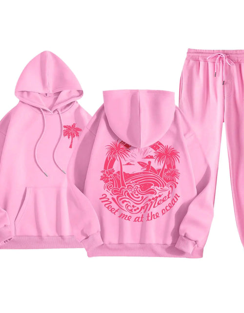 Load image into Gallery viewer, Pom Puff Sweatsuits Sets for Women Meet Me at The Ocean Palm Tree Graphic Hoodies with Bottom Sweatpants Tracksuits Set
