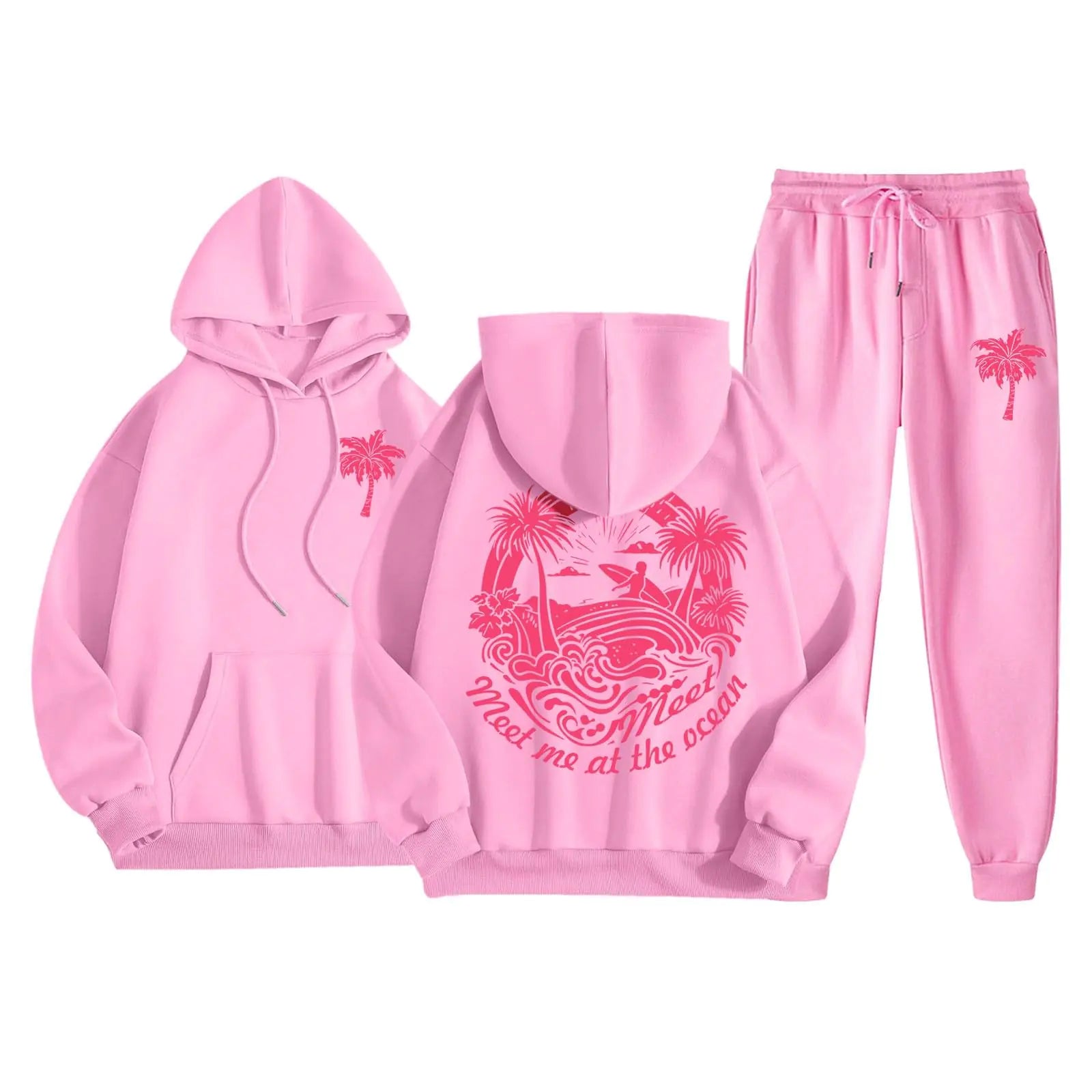 Pom Puff Sweatsuits Sets for Women Meet Me at The Ocean Palm Tree Graphic Hoodies with Bottom Sweatpants Tracksuits Set