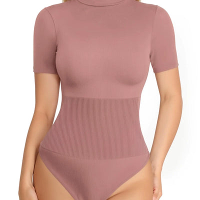 MANGOPOP Tummy Control Thong Shapewear Bodysuit for Women Short Sleeve Turtleneck Top Seamless Ribbed Body Suit (Marsala)