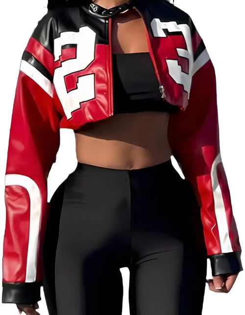 Load image into Gallery viewer, CHEZVOGUE Womens Faux Leather Cropped Motorcycle Jacket Y2K Letter Bomber Jacket Streetwear Style
