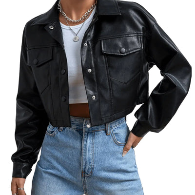 MakeMeChic Womens Faux Leather Crop Jacket Button Down Pocket Cropped Motorcycle Jacket Black S