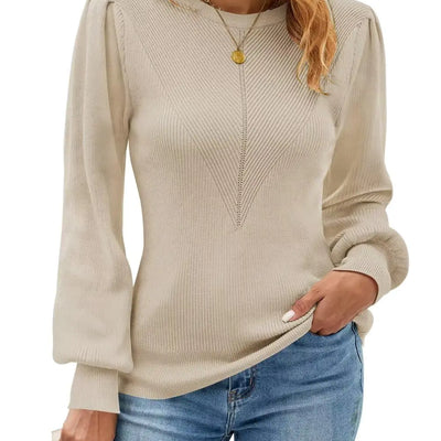 FEKOAFE Suéter de punto de cuello redondo para mujer, moderno, de manga abullonada, corte ajustado, color albaricoque, talla L