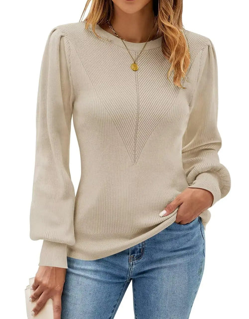 Cargar imagen en el visor de la galería, FEKOAFE Suéter de punto de cuello redondo para mujer, moderno, de manga abullonada, corte ajustado, color albaricoque, talla L
