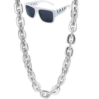 Riuziyi Cadena de oro falsa grande de 40 pulgadas/101 cm con gafas de sol Twist Leg Punk, collar de joyería de plástico para disfraz de rapero Hip Hop, paquete de 2 accesorios para disfraz de fiesta de los 80 y 90 para hombres y mujeres (plateado)