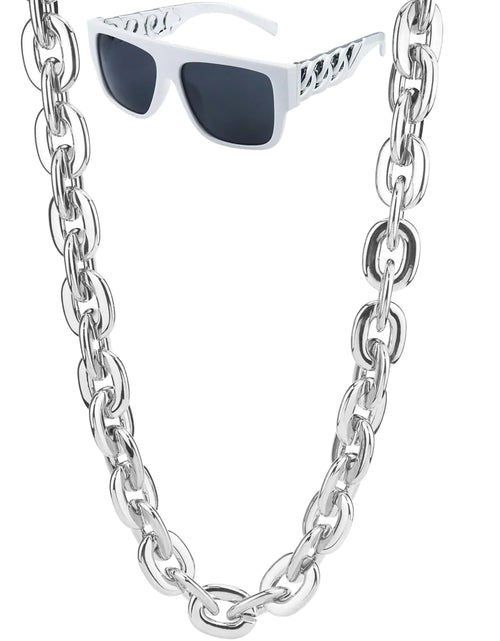 Cargar imagen en el visor de la galería, Riuziyi Cadena de oro falsa grande de 40 pulgadas/101 cm con gafas de sol Twist Leg Punk, collar de joyería de plástico para disfraz de rapero Hip Hop, paquete de 2 accesorios para disfraz de fiesta de los 80 y 90 para hombres y mujeres (plateado)

