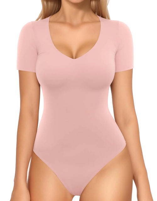 Load image into Gallery viewer, MANGOPOP Double Lined Short Sleeve Bodysuits for Women V Neck Thong Body Suit Stretchy Lightweight Bodysuit Tops
