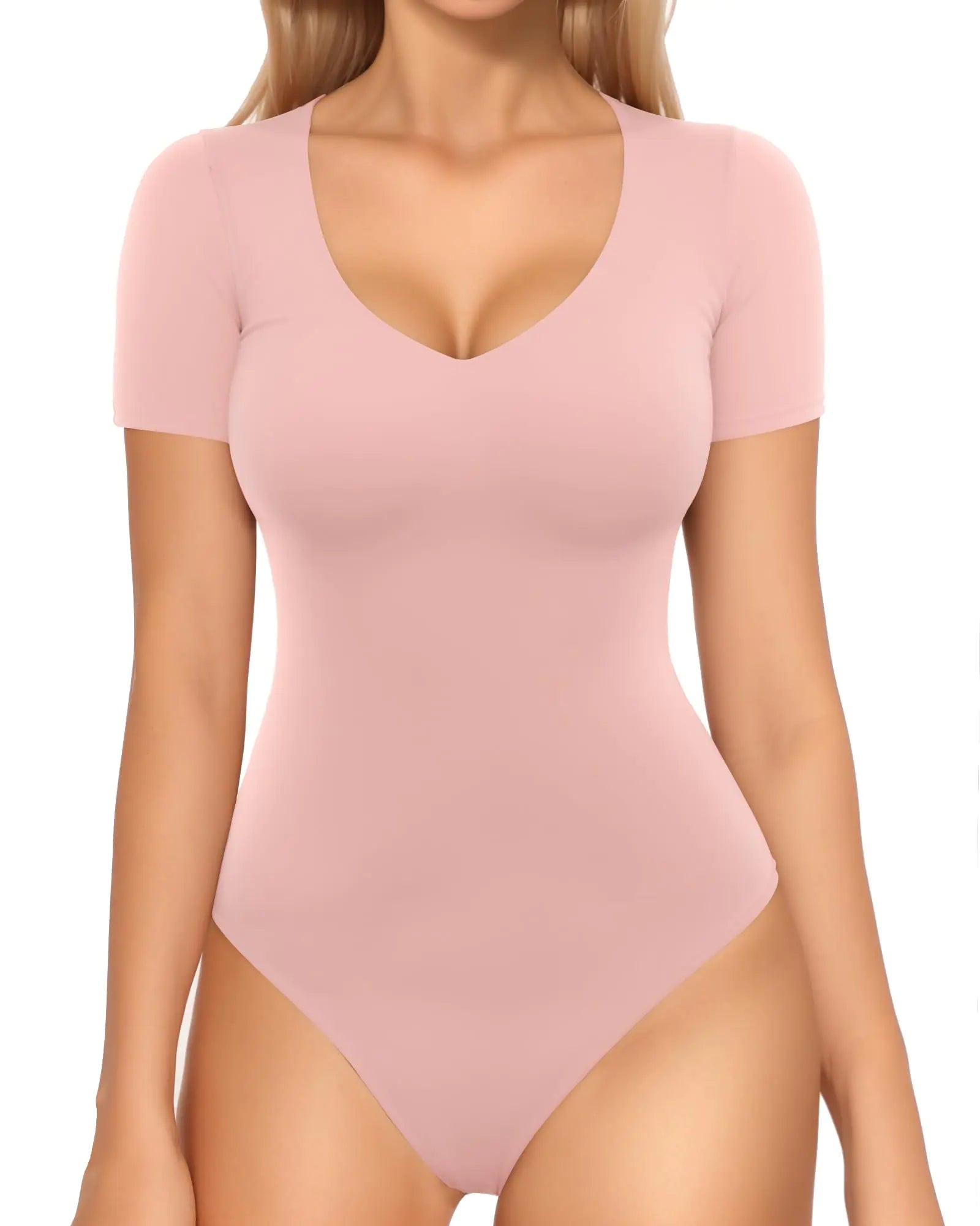 MANGOPOP Double Lined Short Sleeve Bodysuits for Women V Neck Thong Body Suit Stretchy Lightweight Bodysuit Tops