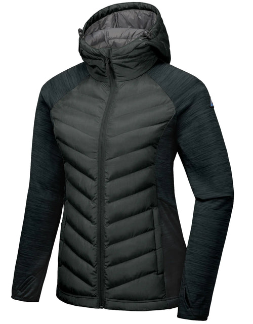 Charger l'image dans la visionneuse de galerie, Mapamyumco Veste de randonnée isolée pour femme, veste hybride thermique de course à capuche, légère, respirante et chaude, noire S
