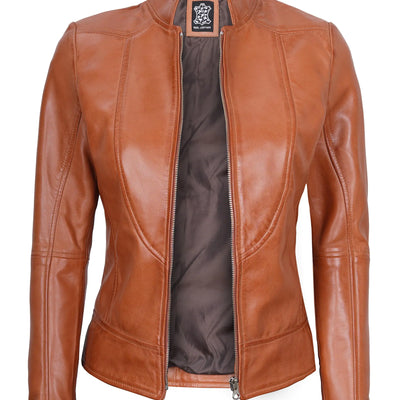 fjackets Cafe Racer Leather Jacket - Real Leather Jacket Women Brown | [1300864] Amy Brown L