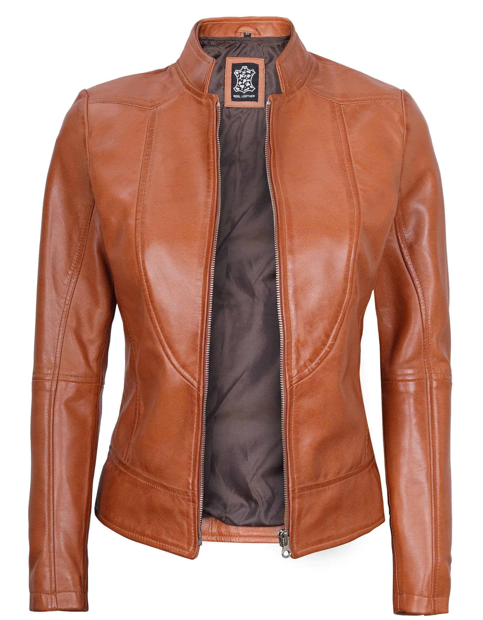 fjackets Cafe Racer Leather Jacket - Real Leather Jacket Women Brown | [1300864] Amy Brown L