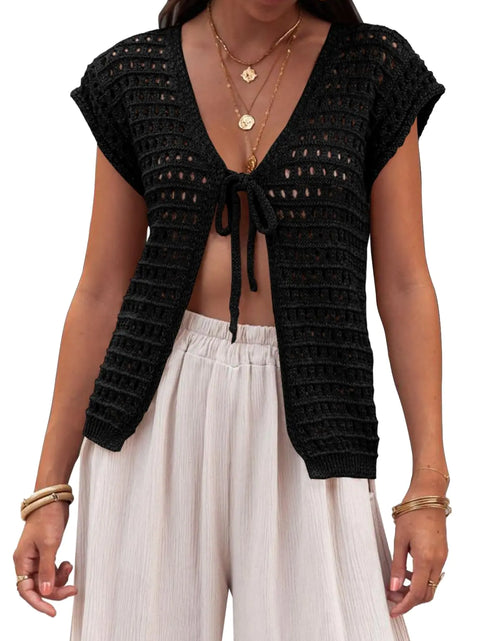 Load image into Gallery viewer, Saodimallsu Womens Tie Crochet Shrug Short Sleeve Open Front Lightweight Knit Cropped Cardigan Sweaters Cover Up Black
