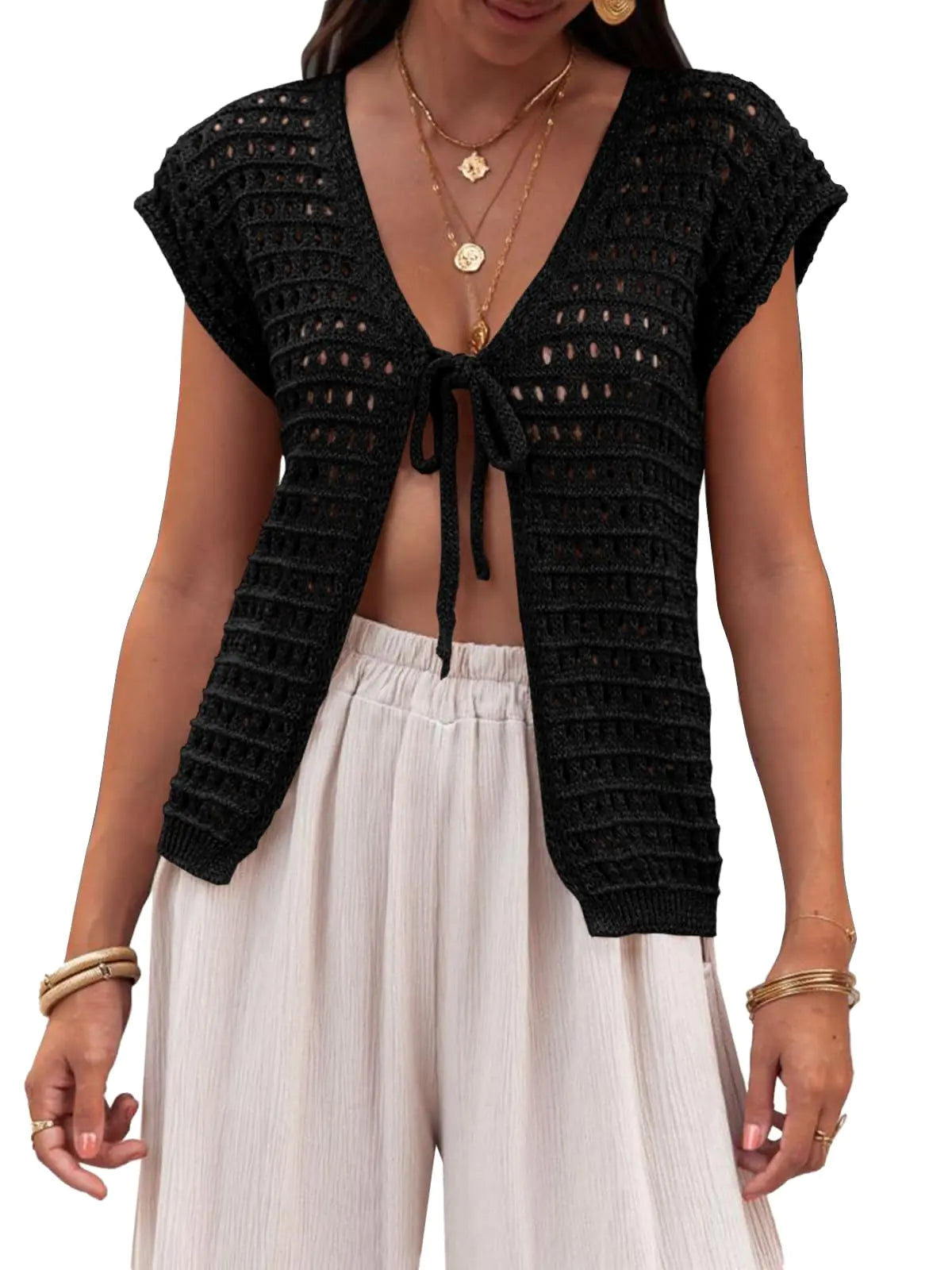 Saodimallsu Womens Tie Crochet Shrug Short Sleeve Open Front Lightweight Knit Cropped Cardigan Sweaters Cover Up Black