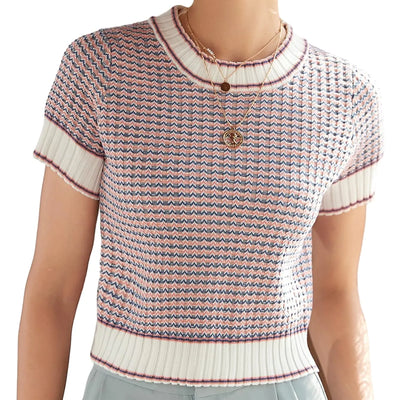 COZYEASE Womens Striped Rib Knit Short Sleeve Crop Sweaters Round Neck Pullover Sweaters Pink X-Large