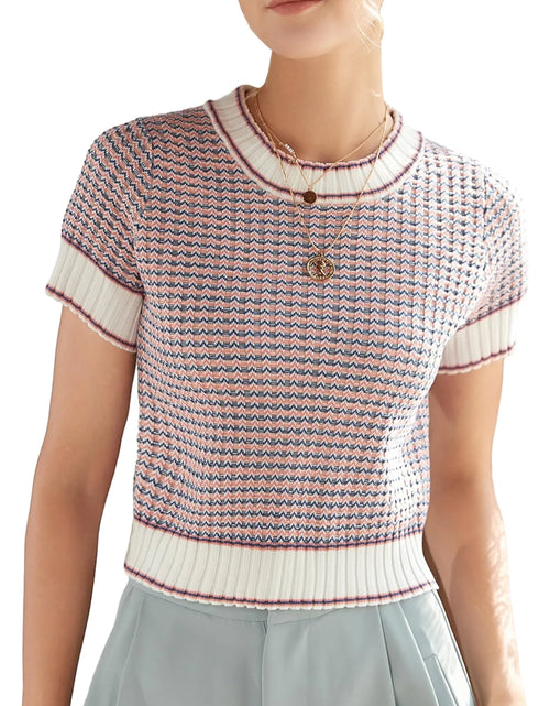 Load image into Gallery viewer, COZYEASE Womens Striped Rib Knit Short Sleeve Crop Sweaters Round Neck Pullover Sweaters Pink X-Large
