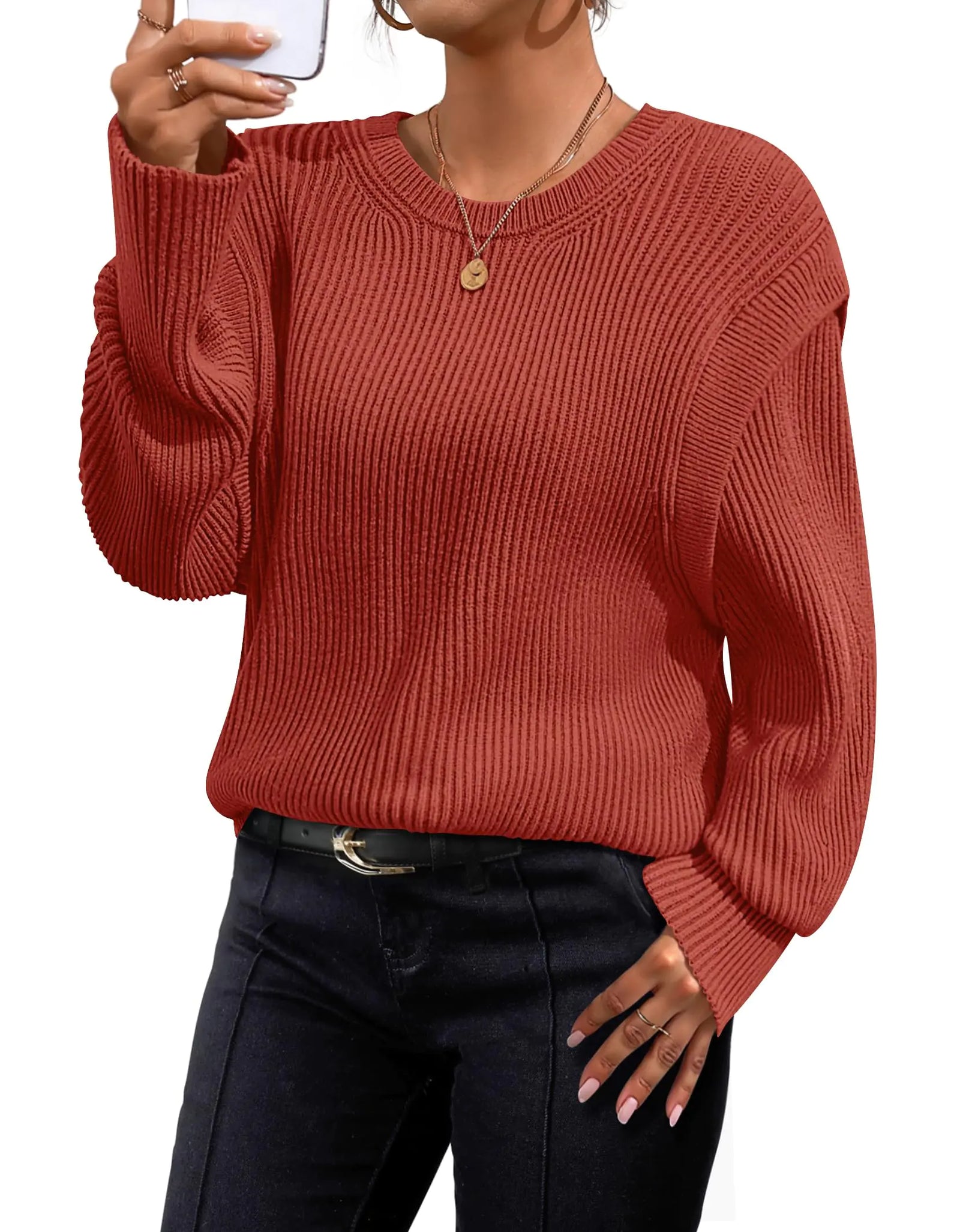 ZESICA Suéter de punto acanalado de manga larga con cuello redondo para mujer, talla grande, informal, naranja rojizo, mediano