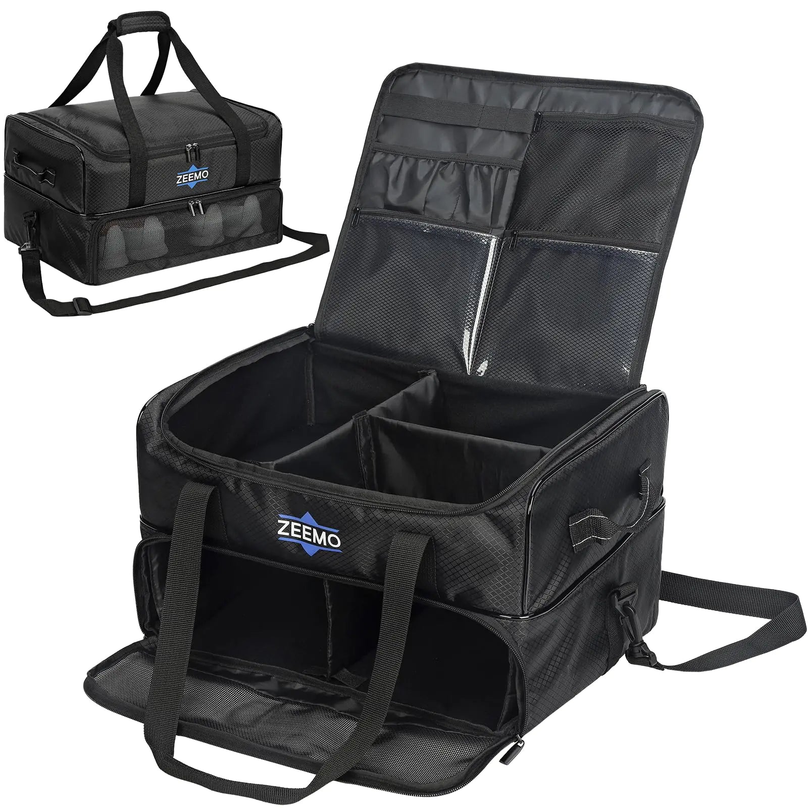 Organizador de maletero de golf ZEEMO 2 capas, maleta para coche con compartimento ventilado para 2 pares de zapatos, bolsa de almacenamiento de viaje para accesorios, negro