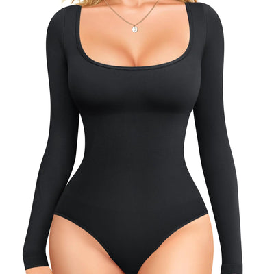 Nebility Black Long Sleeve Bodysuit Tummy Control Shapewear Square Neck Body Suits for Womens Slim Fit（SmallBlack）