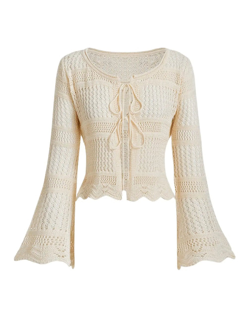 Load image into Gallery viewer, GORGLITTER Womens Tie Front Crochet Cardigan Sweaters Lightweight Bell Sleeve Knit Tops Cute Boho Cropped Cardigan Beige Medium
