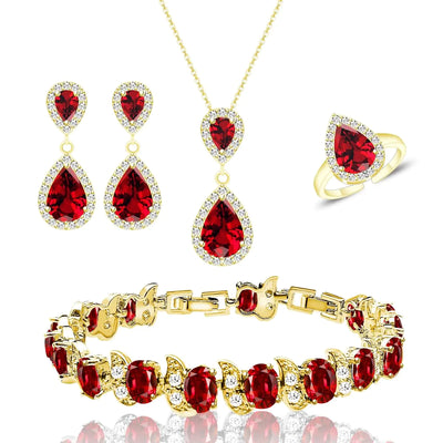 LMXXVJ Juego de joyas chapadas en oro de 18 quilates con granate rojo para mujer, collar, anillo, pendientes y pulsera con circonitas cúbicas rojas, juego de joyas de fantasía, regalos