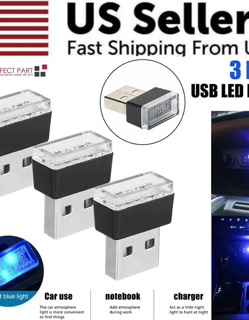 Cargar imagen en el visor de la galería, 3x Mini Luz LED Azul USB Interior de Coche Lámpara de Ambiente Neón Accesorios
