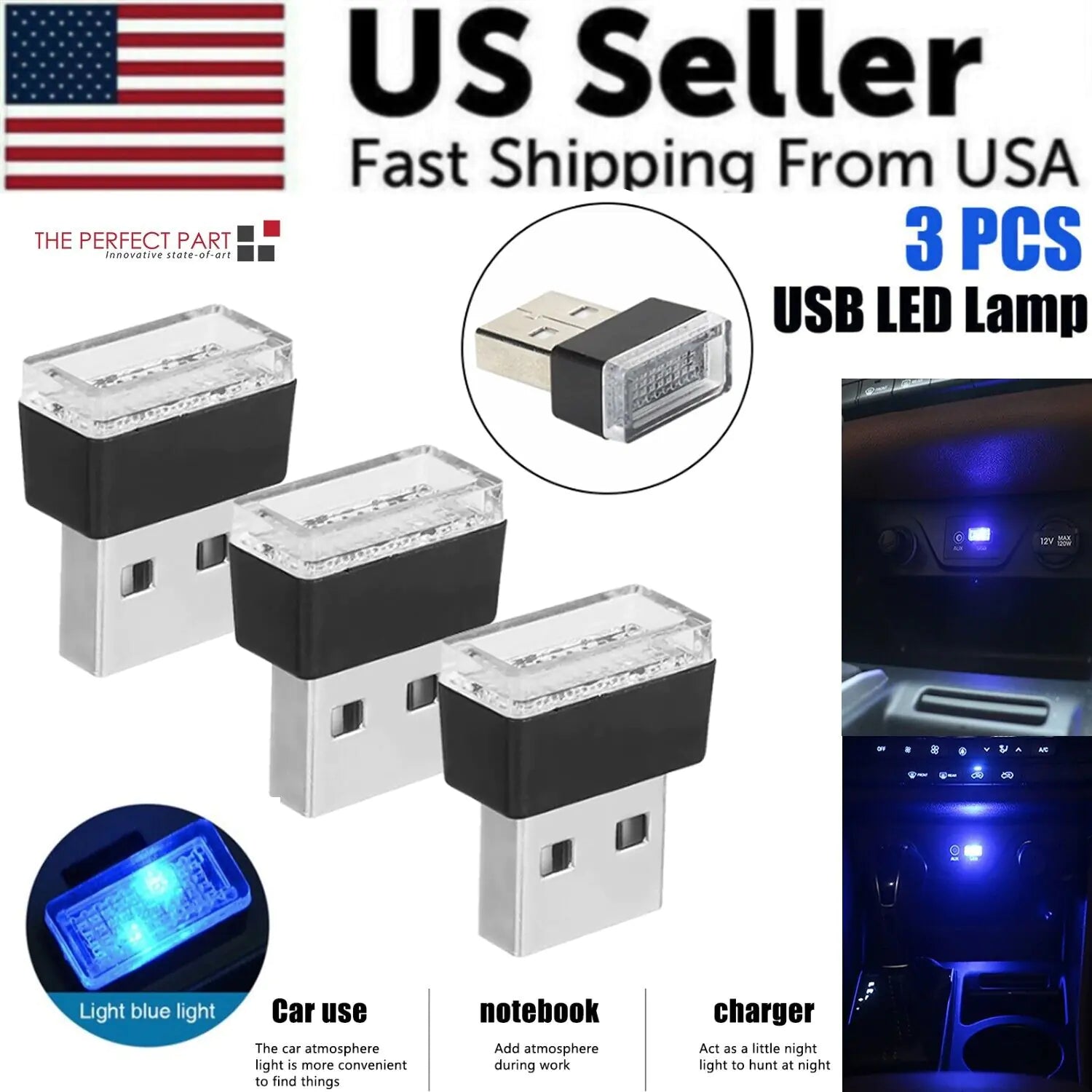 3x Mini Luz LED Azul USB Interior de Coche Lámpara de Ambiente Neón Accesorios