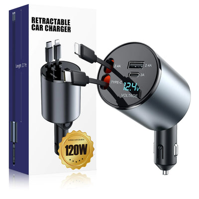 Cargador de coche retráctil 4 en 1 de carga rápida, cargador de teléfono para coche con cables retráctiles y 2 puertos USB, adaptador de cargador de coche para iPhone 15/14/13/12 Pro Max XR iPad Samsung