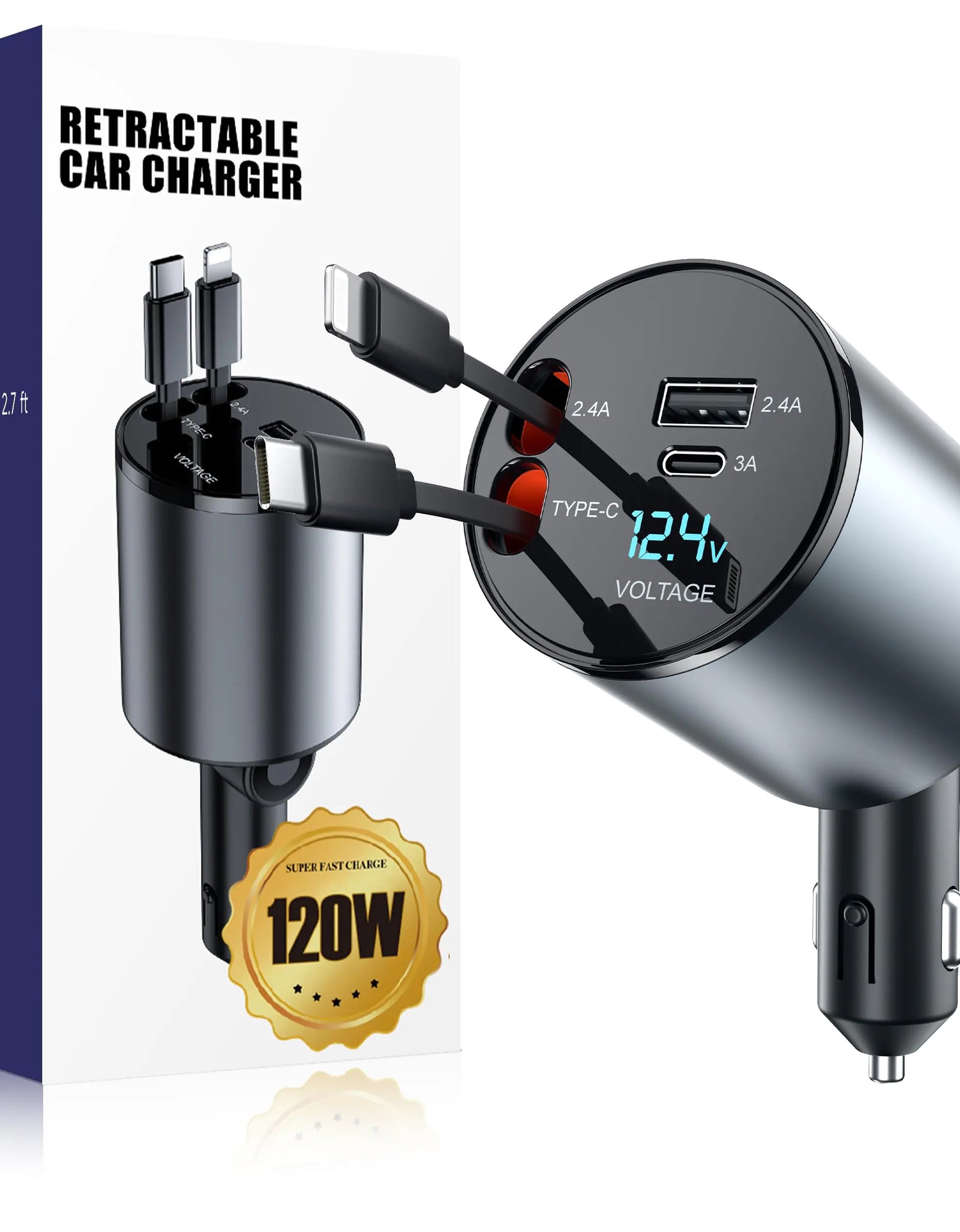 Cargador de coche retráctil 4 en 1 de carga rápida, cargador de teléfono para coche con cables retráctiles y 2 puertos USB, adaptador de cargador de coche para iPhone 15/14/13/12 Pro Max XR iPad Samsung