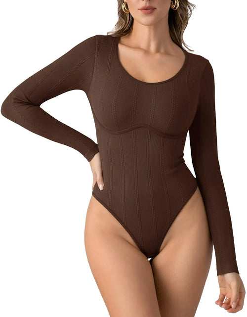 Load image into Gallery viewer, PINKMSTYLE Womens Bodysuits Sexy Ribbed Scoop Neck Long Sleeve T Shirt Fitted Seamless Tummy Shapewear Tops Coffee X-Small
