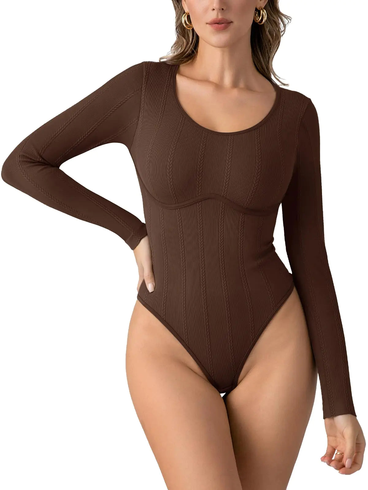 PINKMSTYLE Womens Bodysuits Sexy Ribbed Scoop Neck Long Sleeve T Shirt Fitted Seamless Tummy Shapewear Tops Coffee X-Small