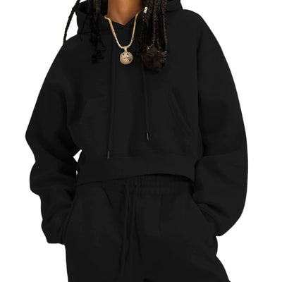 Tanming Women 2 Piece Outfits Sweatsuits Crop Pullover Fleece Sweatshirt Jogger Pants Lounge Set (Black-M)