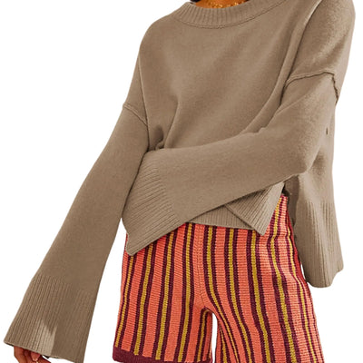 TAQCUX Suéteres Ligeros para Mujer Cuello Redondo Manga Campana Estilo Murciélago Tejidos Holgados Suaves Tipo Jersey (Caqui-L)