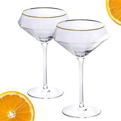 Lidy Diamond Martini Glasses Set of 2-11oz Gold Rim Coupe Martini Glasses Hand-Blown and Lead-Free - Stemmed Cocktail Glasses for Espresso Margarita Manhattan - Birthday Gifts for Martini Lovers