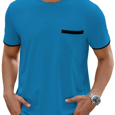 Hardaddy Mens Short Sleeve Tee Shirts Pullover Contrast Line Color Block Tee Shirts with Pocket Blue L
