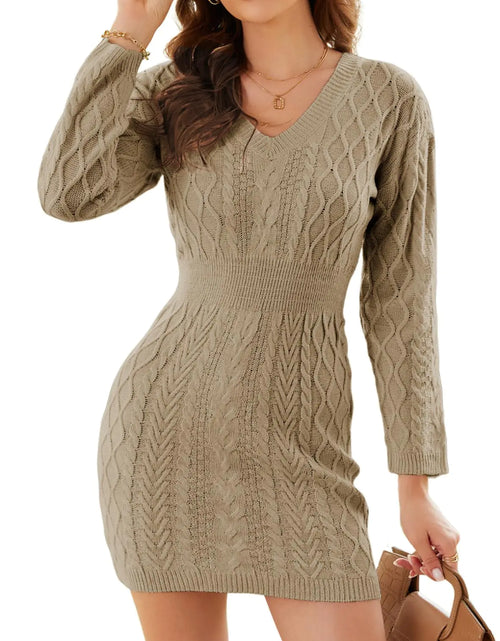 Load image into Gallery viewer, Dokotoo Womens 2024 Fall Sweater Dresses Elasticity V Neck Bodycon Cable Knit Mini Dresses Long Sleeve Elegant Oversized Khaki Pullover Jumper Sweaters Large
