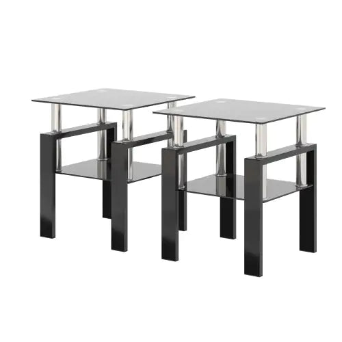 Cargar imagen en el visor de la galería, Juego de 2, mesa de té, mesa de centro, mesa auxiliar de cristal templado moderno, mesa cuadrada para sala de estar, negro
