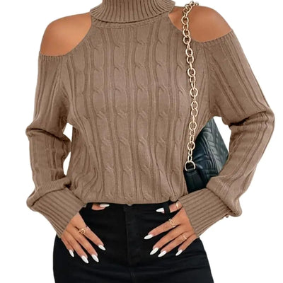 Langwyqu Womens Cold Shoulder Turtleneck Sweaters 2024 Fall Long Sleeve Soft Cable Knit Pullovers Sexy Jumper Tops Khaki