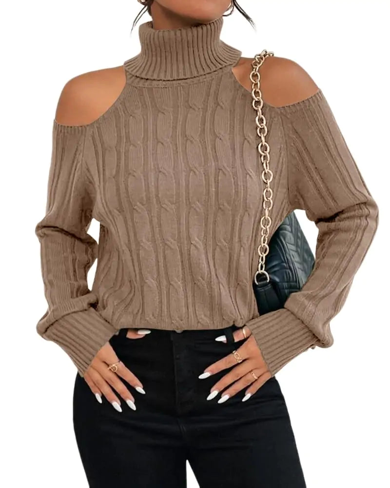Langwyqu Womens Cold Shoulder Turtleneck Sweaters 2024 Fall Long Sleeve Soft Cable Knit Pullovers Sexy Jumper Tops Khaki