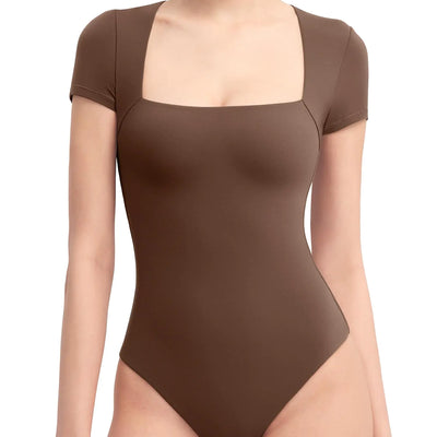 PUMIEY Square Neck Bodysuits For Women Short Sleeve Body Suit Slimming Going Out Tops Womens Clothing ChocolateMedium