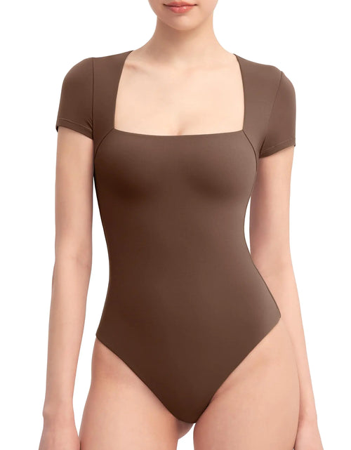 Load image into Gallery viewer, PUMIEY Square Neck Bodysuits For Women Short Sleeve Body Suit Slimming Going Out Tops Womens Clothing ChocolateMedium
