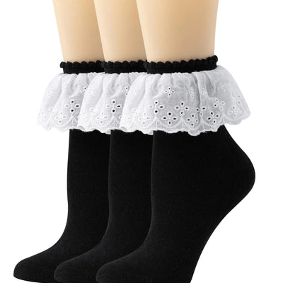 AMHRLINGTO Chaussettes à volants en dentelle pour femmes - Chaussettes en coton Chaussettes en dentelle Chaussettes princesse Lolita pour dames et filles (Coton Noir 3 paires)