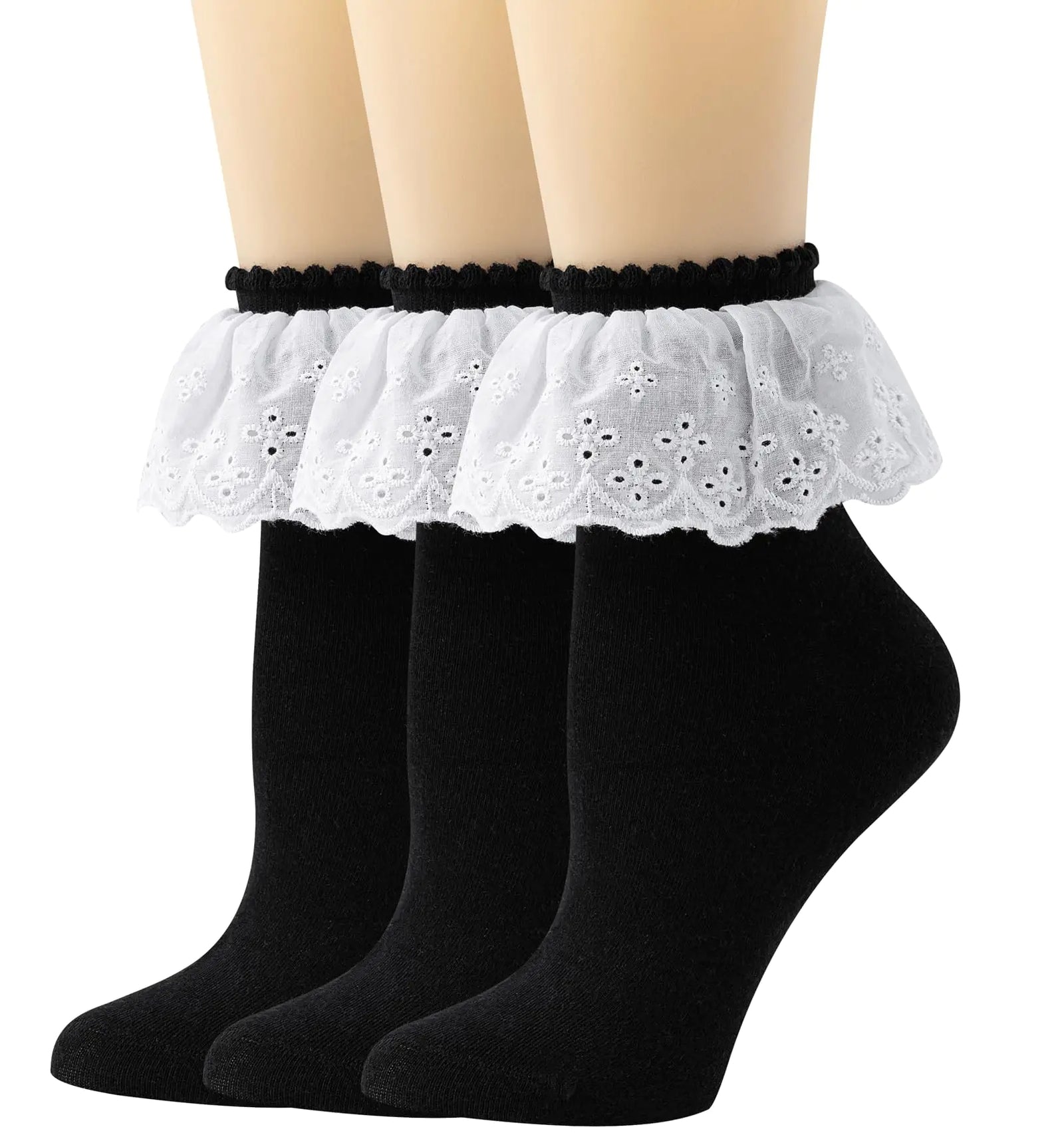 AMHRLINGTO Calcetines tobilleros con volantes y encaje para mujer - Calcetines de algodón Calcetines de encaje Calcetines de princesa Lolita para damas y niñas (Algodón Negro 3 pares)