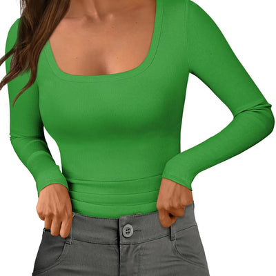 MIROMIHO Long Sleeve Bodysuits Womens Knitted Sweater Shirts Cotton Scoop Neck T Shirts Green