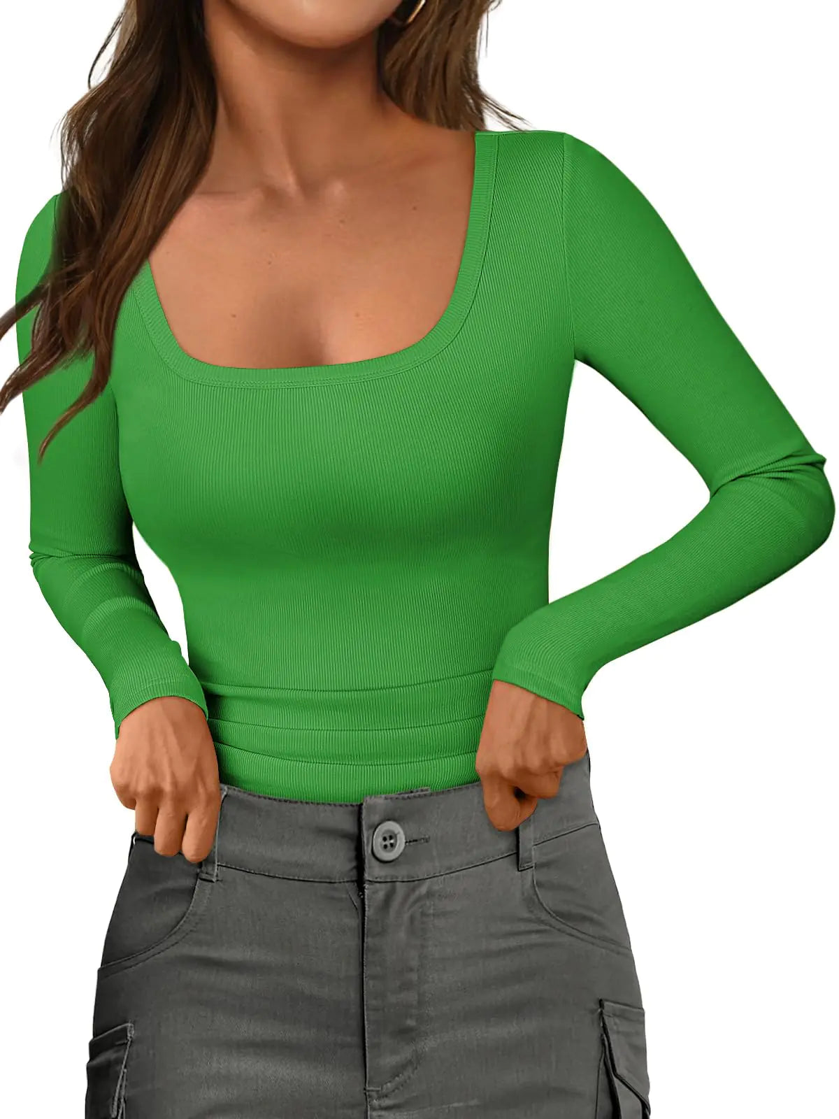 MIROMIHO Long Sleeve Bodysuits Womens Knitted Sweater Shirts Cotton Scoop Neck T Shirts Green