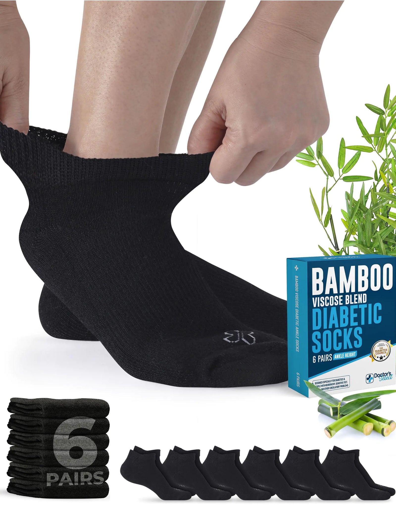 Doctors Select Viscose Bamboo Ankle Diabetic Socks for Women and Men - 6 Pairs | Diabetic Socks for Men 9-12 | Mens Diabetic Socks | Neuropathy Socks for Women | Non Binding Socks | Black