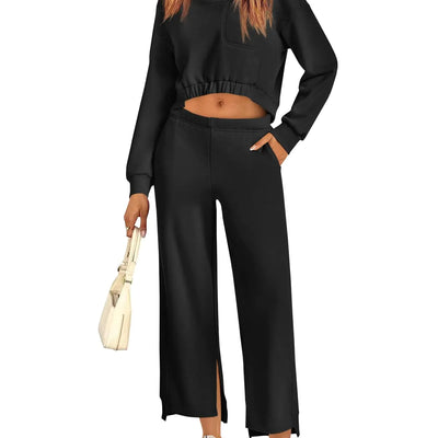 Fisoew Womens 2 Piece Outfits Sweatsuits Sets Long Sleeve Cropped Sweatshirts with Loose Straight Leg Sweatpants Tracksuit