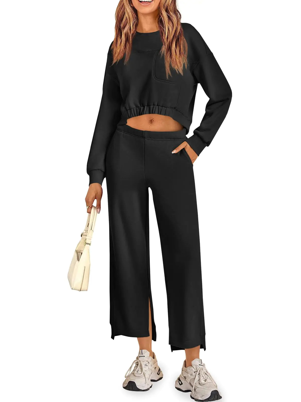 Fisoew Womens 2 Piece Outfits Sweatsuits Sets Long Sleeve Cropped Sweatshirts with Loose Straight Leg Sweatpants Tracksuit